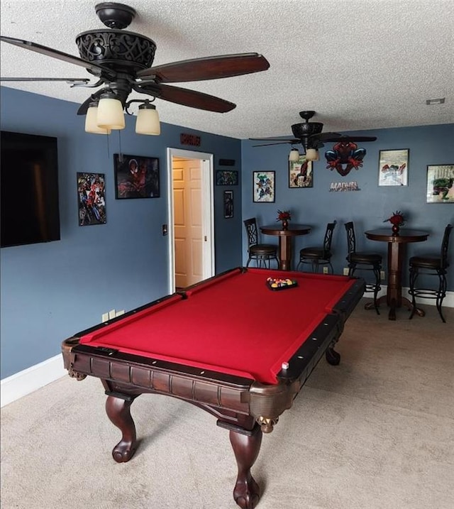 6210 Douglas Manor Ct, Douglasville, GA 30134 - recreation room with ceiling fan, carpet flooring, billiards table, a textured ceiling, and baseboards