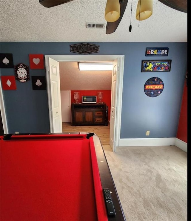 6210 Douglas Manor Ct, Douglasville, GA 30134 - game room with carpet, baseboards, a ceiling fan, a textured ceiling, and pool table