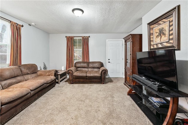 living room with light carpet and a textured ceiling