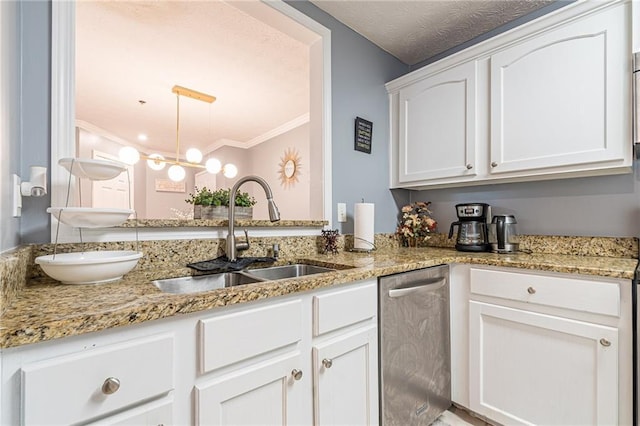 970 Sidney Marcus Blvd Unit 1217, Atlanta, GA 30324 - kitchen featuring white cabinets, dishwasher, ornamental molding, a sink, and light stone counters