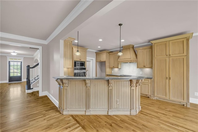 4424 Longmead Rd, Flowery Branch, GA 30542 - kitchen featuring custom exhaust hood, stainless steel appliances, light wood-style flooring, a peninsula, and a kitchen breakfast bar
