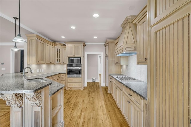 4424 Longmead Rd, Flowery Branch, GA 30542 - kitchen featuring stainless steel appliances, cream cabinetry, a peninsula, glass insert cabinets, and backsplash