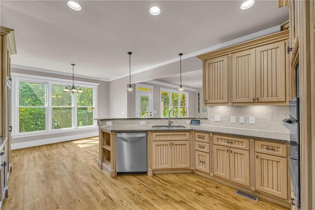 4424 Longmead Rd, Flowery Branch, GA 30542 - kitchen featuring dishwasher, ornamental molding, a peninsula, tasteful backsplash, and light wood-type flooring