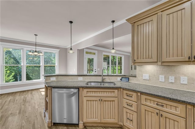 4424 Longmead Rd, Flowery Branch, GA 30542 - kitchen with dishwasher, crown molding, healthy amount of natural light, decorative light fixtures, and a peninsula