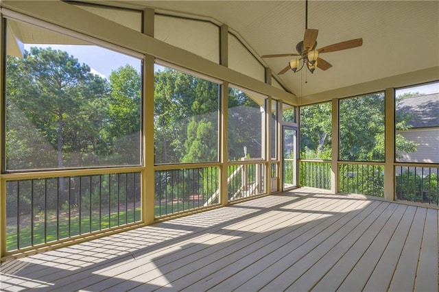 4424 Longmead Rd, Flowery Branch, GA 30542 - unfurnished sunroom featuring a ceiling fan and lofted ceiling