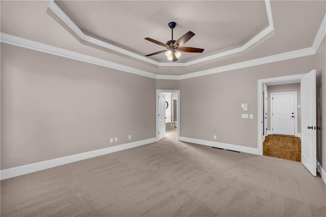 4424 Longmead Rd, Flowery Branch, GA 30542 - carpeted empty room featuring a tray ceiling, a ceiling fan, and ornamental molding