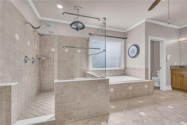 4424 Longmead Rd, Flowery Branch, GA 30542 - full bath featuring walk in shower, tile patterned floors, a garden tub, crown molding, and vanity