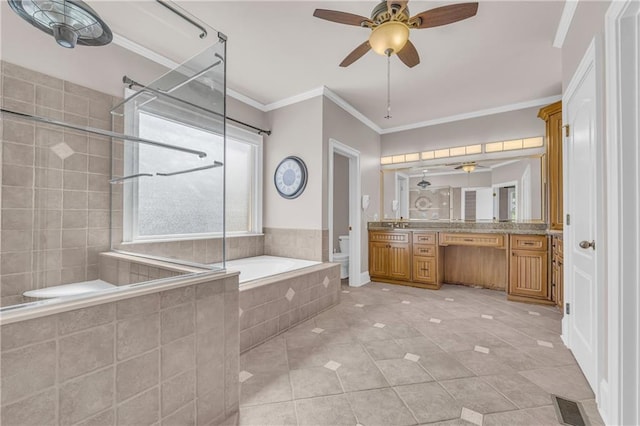 4424 Longmead Rd, Flowery Branch, GA 30542 - bathroom featuring a ceiling fan, a bath, tile patterned floors, vanity, and a tile shower