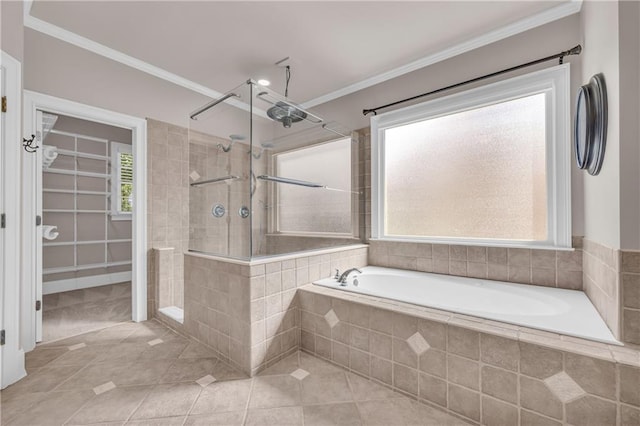 4424 Longmead Rd, Flowery Branch, GA 30542 - full bathroom with tiled shower, tile patterned floors, a garden tub, crown molding, and a spacious closet