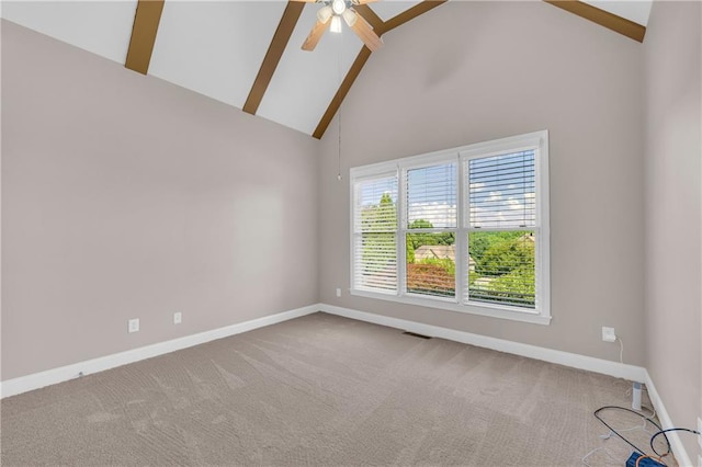4424 Longmead Rd, Flowery Branch, GA 30542 - carpeted empty room featuring high vaulted ceiling, a ceiling fan, and beam ceiling