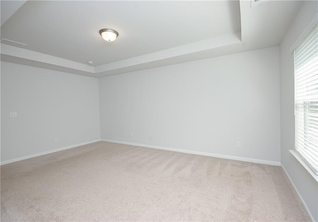 carpeted empty room featuring plenty of natural light and a tray ceiling