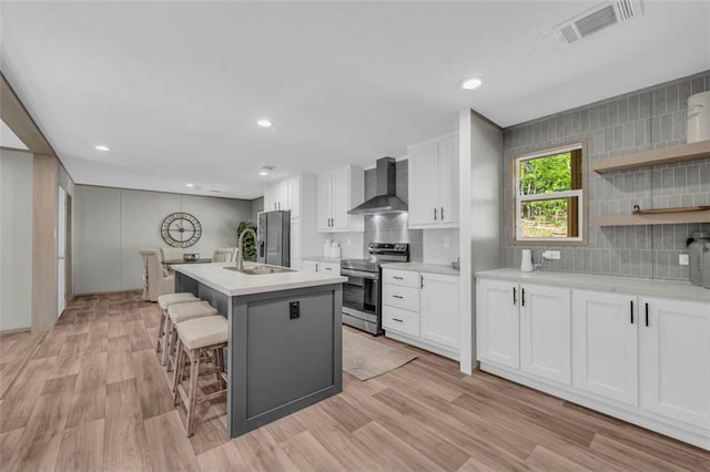 551 Fern Valley Trl, Clarkesville, GA 30523 - kitchen featuring stainless steel appliances, wall chimney exhaust hood, white cabinets, backsplash, and light countertops