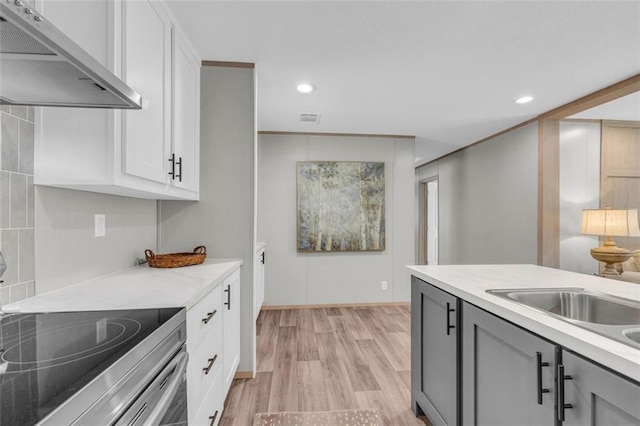 551 Fern Valley Trl, Clarkesville, GA 30523 - kitchen with under cabinet range hood, electric stove, gray cabinets, light wood-type flooring, and light countertops