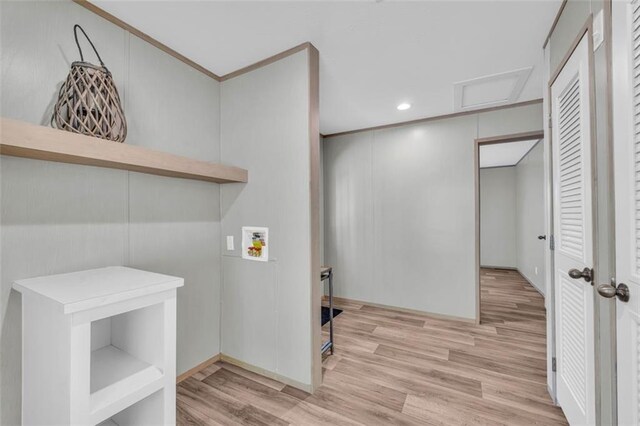 551 Fern Valley Trl, Clarkesville, GA 30523 - laundry area featuring wood finished floors, attic access, washer hookup, and recessed lighting