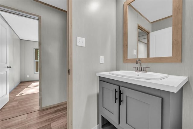 551 Fern Valley Trl, Clarkesville, GA 30523 - bathroom featuring wood finished floors, vanity, crown molding, and baseboards