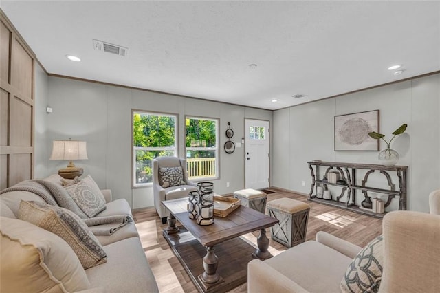 551 Fern Valley Trl, Clarkesville, GA 30523 - living room with light wood-type flooring, recessed lighting, a decorative wall, and ornamental molding