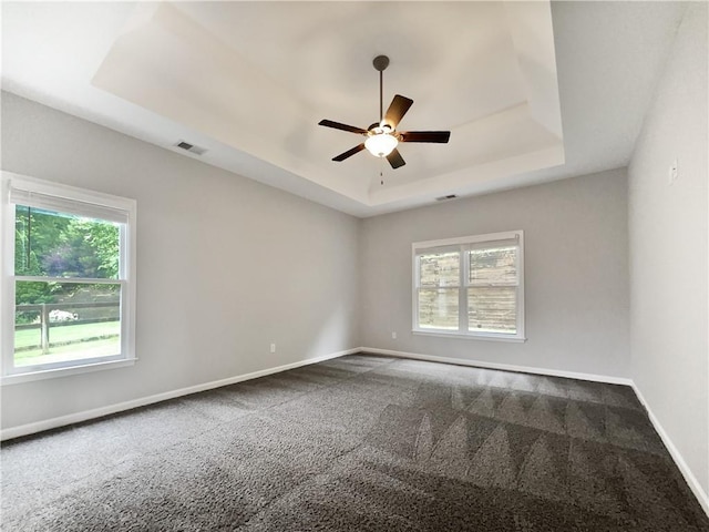 200 Pine Trl, Dallas, GA 30157 - spare room featuring a tray ceiling, dark colored carpet, ceiling fan, and healthy amount of natural light