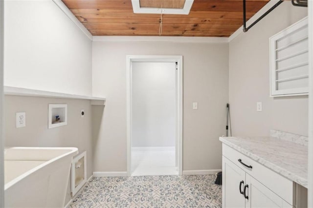 washroom with hookup for an electric dryer, cabinets, washer hookup, and wood ceiling