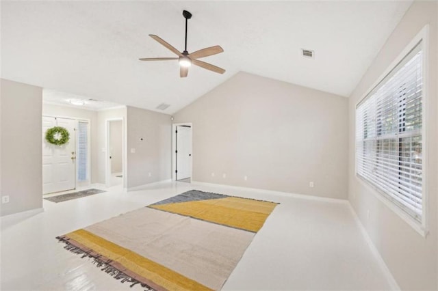 exercise room featuring ceiling fan and lofted ceiling