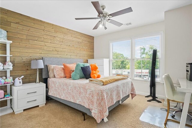 1165 Laurel Pl SE, Smyrna, GA 30080 - bedroom with light colored carpet, wood walls, and a ceiling fan