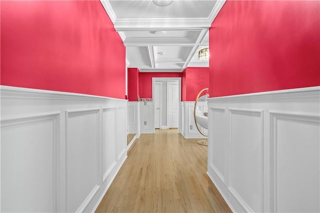 1165 Laurel Pl SE, Smyrna, GA 30080 - hallway featuring coffered ceiling, a decorative wall, wood finished floors, wainscoting, and beamed ceiling