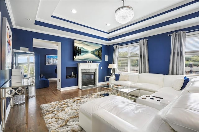 1165 Laurel Pl SE, Smyrna, GA 30080 - living room featuring plenty of natural light, ornamental molding, a raised ceiling, and wood finished floors