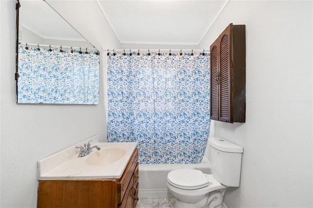 bathroom featuring vanity, toilet, and shower / tub combo with curtain