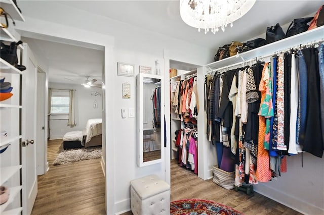 walk in closet with wood finished floors, ceiling fan, and a chandelier