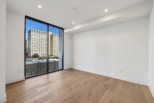 spare room with expansive windows and light wood-type flooring