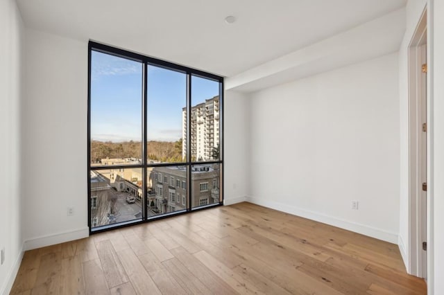 spare room with light hardwood / wood-style floors and a wall of windows