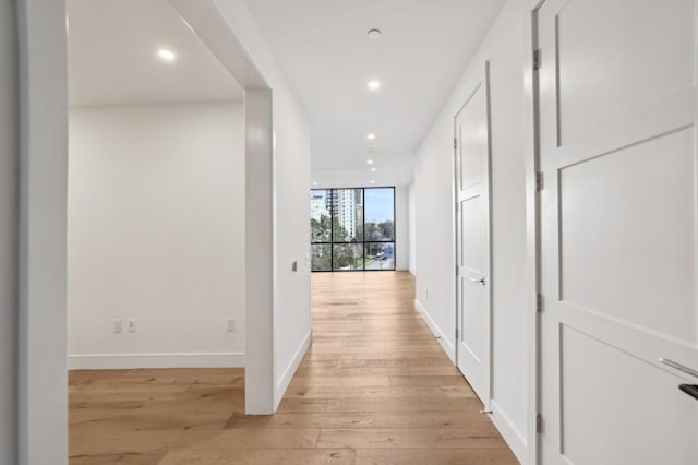 hall featuring expansive windows and light hardwood / wood-style flooring