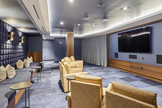 home theater room featuring a tray ceiling