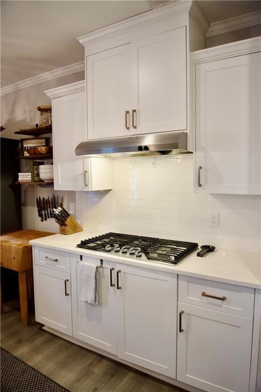 kitchen with white cabinetry, ornamental molding, dark hardwood / wood-style floors, and decorative backsplash