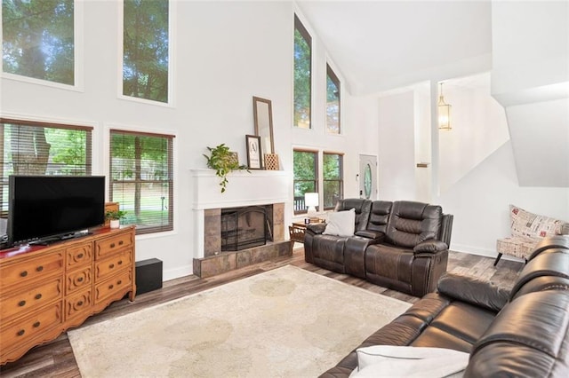 living room featuring high vaulted ceiling, a fireplace, plenty of natural light, wood finished floors, and baseboards