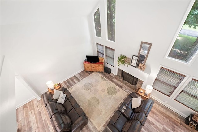 living area featuring wood finished floors, baseboards, and a towering ceiling