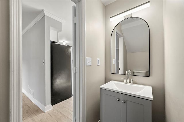 bathroom with hardwood / wood-style flooring and vanity