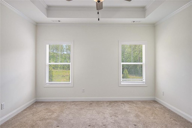 461 Barnwood Dr, Rockmart, GA 30153 - spare room featuring a tray ceiling, a ceiling fan, plenty of natural light, light colored carpet, and crown molding
