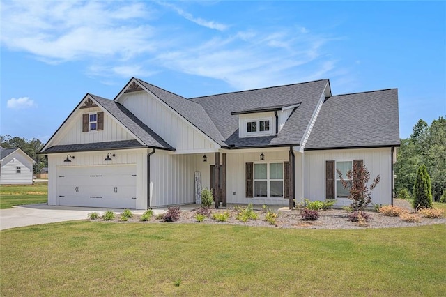 461 Barnwood Dr, Rockmart, GA 30153 - modern farmhouse with driveway, a front lawn, an attached garage, roof with shingles, and board and batten siding