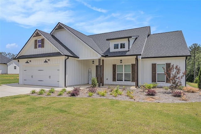 461 Barnwood Dr, Rockmart, GA 30153 - modern farmhouse style home featuring a garage, driveway, a front lawn, a shingled roof, and board and batten siding