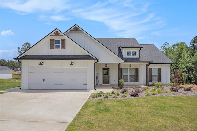 461 Barnwood Dr, Rockmart, GA 30153 - modern farmhouse style home featuring concrete driveway, a front yard, a shingled roof, and a garage