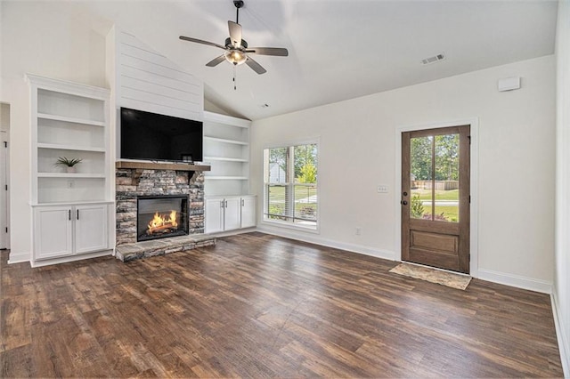 461 Barnwood Dr, Rockmart, GA 30153 - unfurnished living room with dark wood-style flooring, a fireplace, baseboards, vaulted ceiling, and built in features