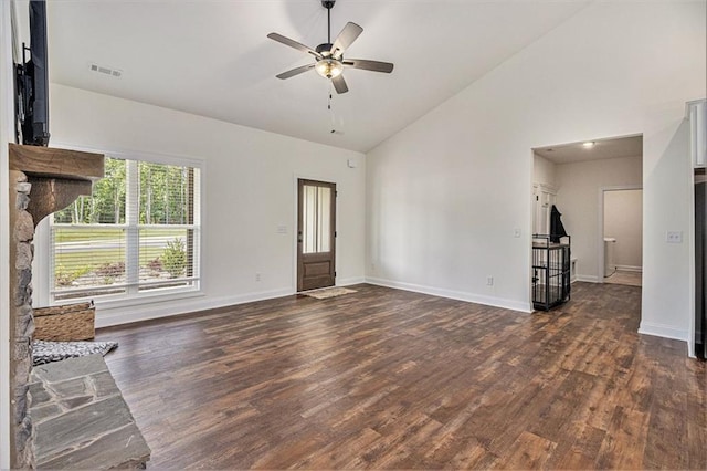 461 Barnwood Dr, Rockmart, GA 30153 - unfurnished living room featuring wood finished floors, a ceiling fan, high vaulted ceiling, and baseboards