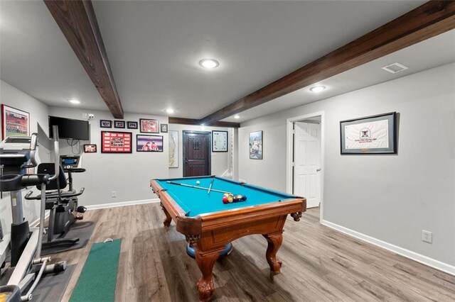 game room featuring beamed ceiling, wood finished floors, baseboards, billiards table, and recessed lighting