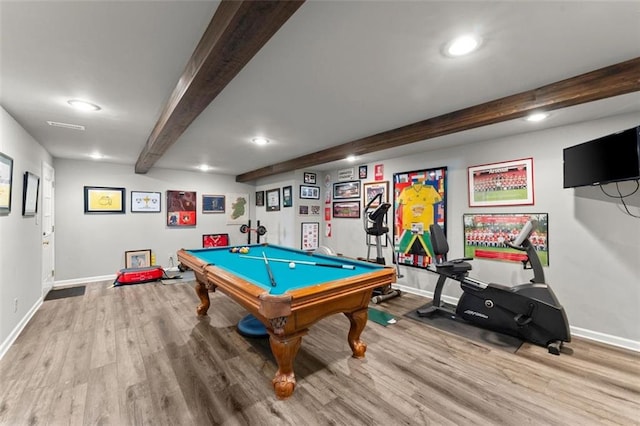 rec room featuring beamed ceiling, wood finished floors, baseboards, recessed lighting, and pool table