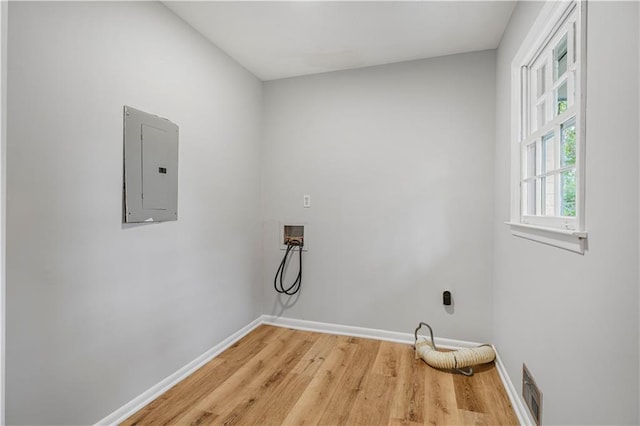 laundry area featuring hookup for a washing machine, laundry area, visible vents, baseboards, and electric panel