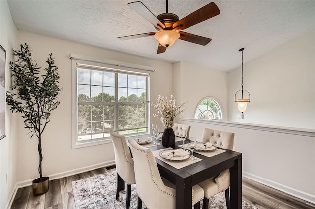 3290 Spincaster Way, Loganville, GA 30052 - dining area with wood finished floors, ceiling fan, and a textured ceiling