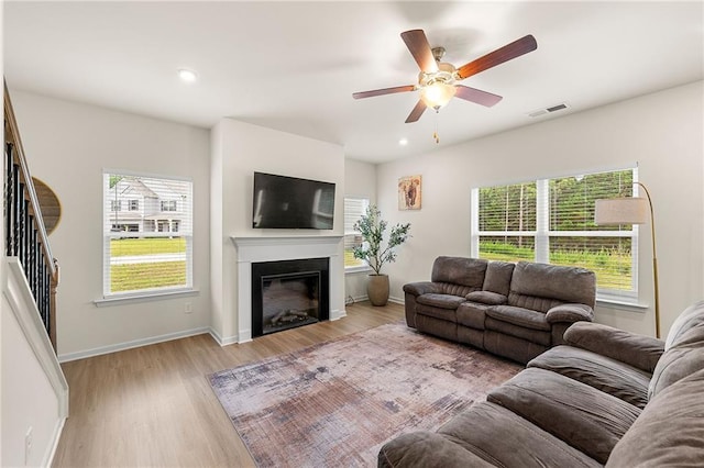 228 Whitneys Way, Dallas, GA 30157 - living room featuring plenty of natural light, light wood-style floors, ceiling fan, and recessed lighting