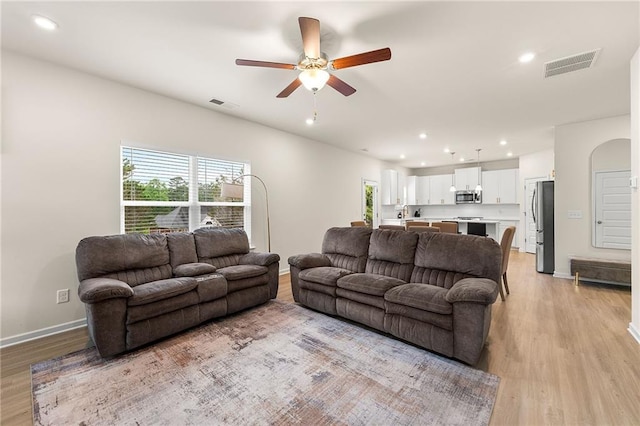 228 Whitneys Way, Dallas, GA 30157 - living area featuring a ceiling fan, light wood-style floors, baseboards, and recessed lighting