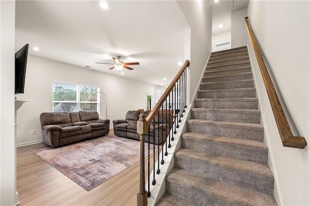 228 Whitneys Way, Dallas, GA 30157 - stairway with wood finished floors, a ceiling fan, recessed lighting, and baseboards