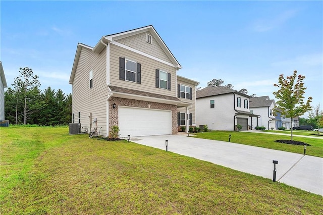 228 Whitneys Way, Dallas, GA 30157 - view of front of property featuring an attached garage, concrete driveway, brick siding, central AC, and a front lawn